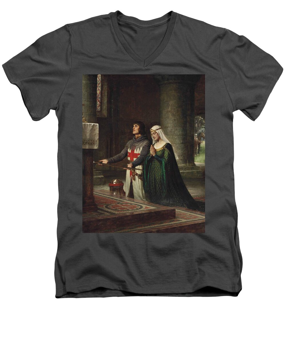 19th Century Art Men's V-Neck T-Shirt featuring the painting The Dedication by Edmund Leighton