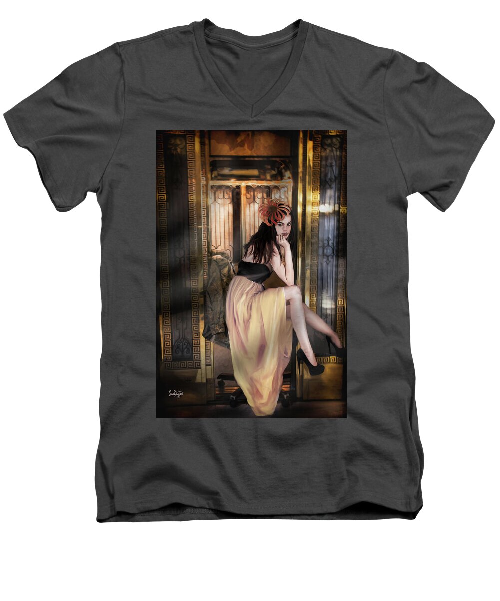 Elevator Men's V-Neck T-Shirt featuring the photograph The Elevator Girl by Sandra Schiffner