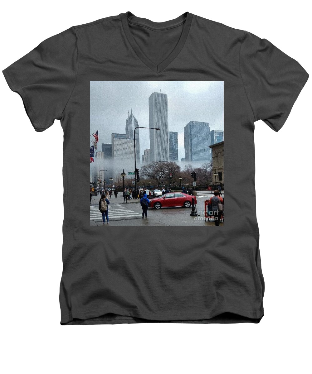 Cityscape Men's V-Neck T-Shirt featuring the photograph The Fog Lifts on Michigan Avenue by Kathie Chicoine