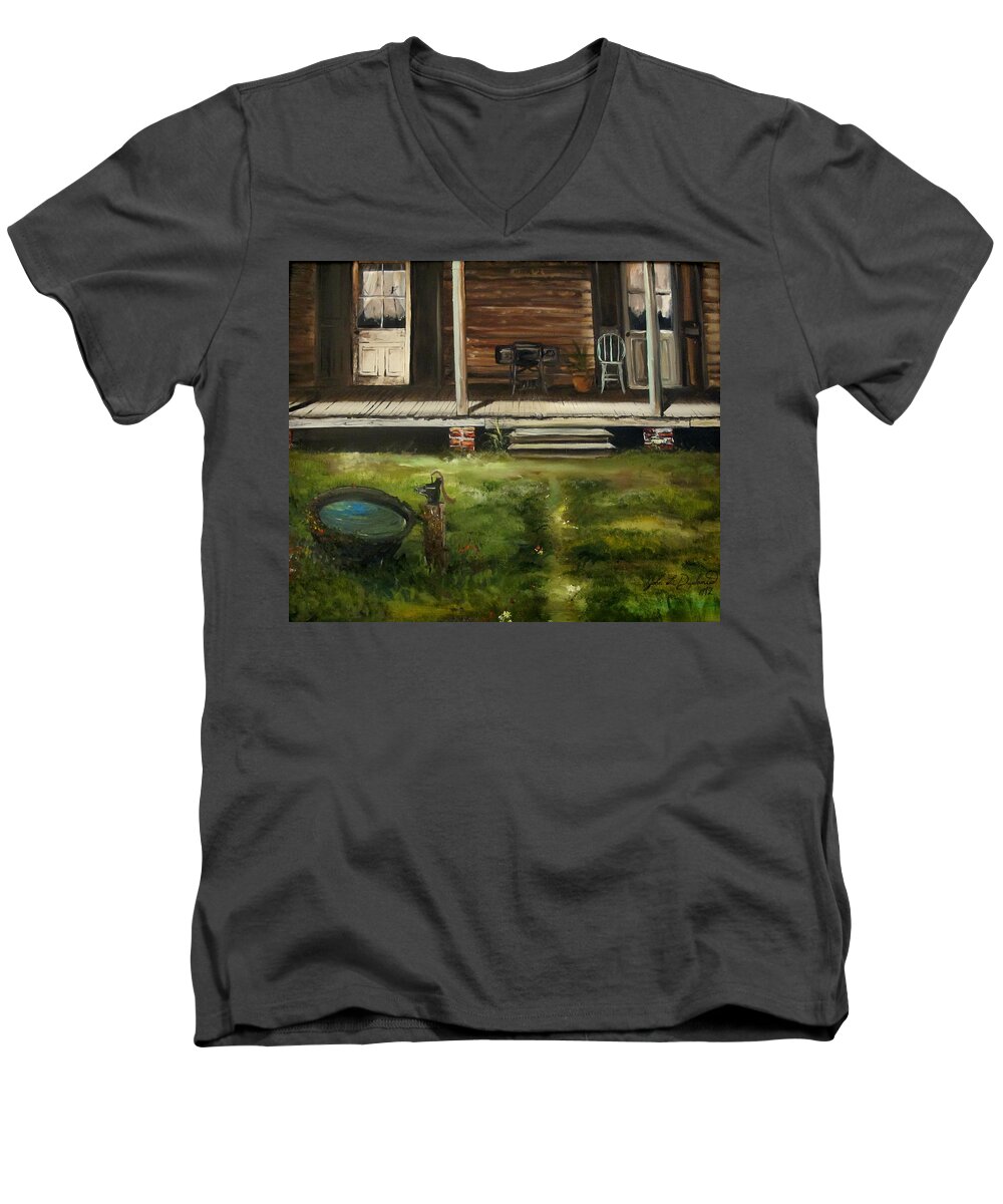 Front Men's V-Neck T-Shirt featuring the painting The Front Porch by John Duplantis