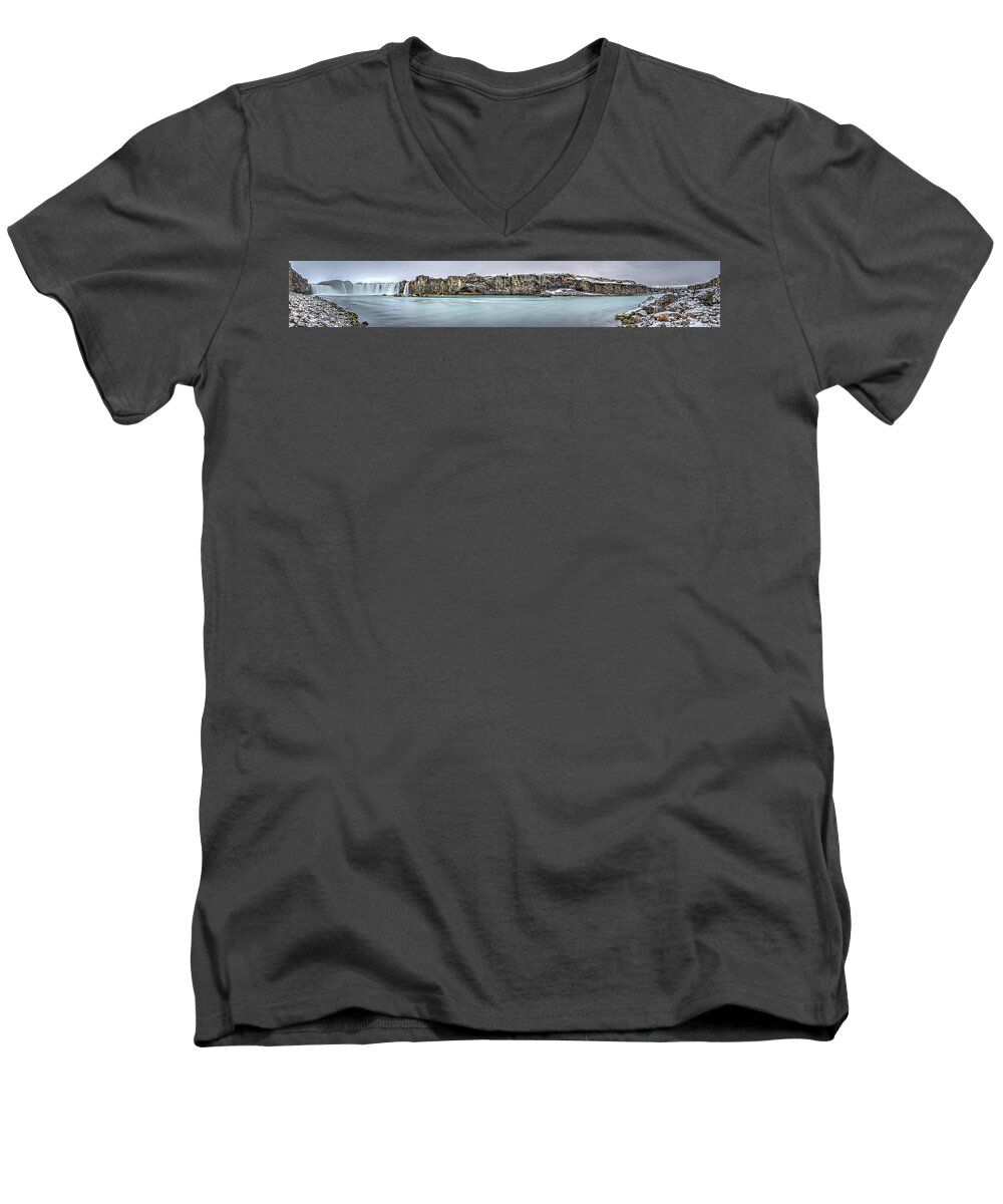 Travel Men's V-Neck T-Shirt featuring the photograph The Godafoss Falls Pano by Matt Swinden