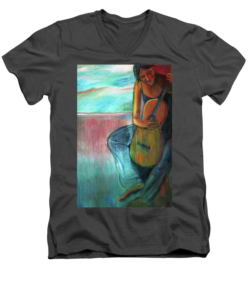 Woman Men's V-Neck T-Shirt featuring the painting The Guitarist by Frank Botello
