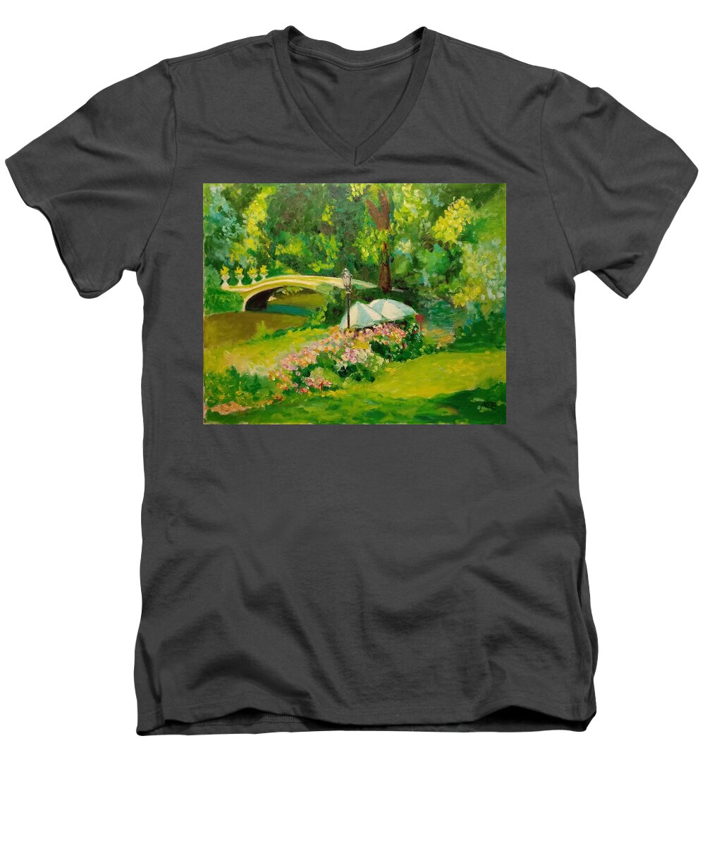 Landscape Men's V-Neck T-Shirt featuring the painting The Magnificent Bow Bridge by Nicolas Bouteneff