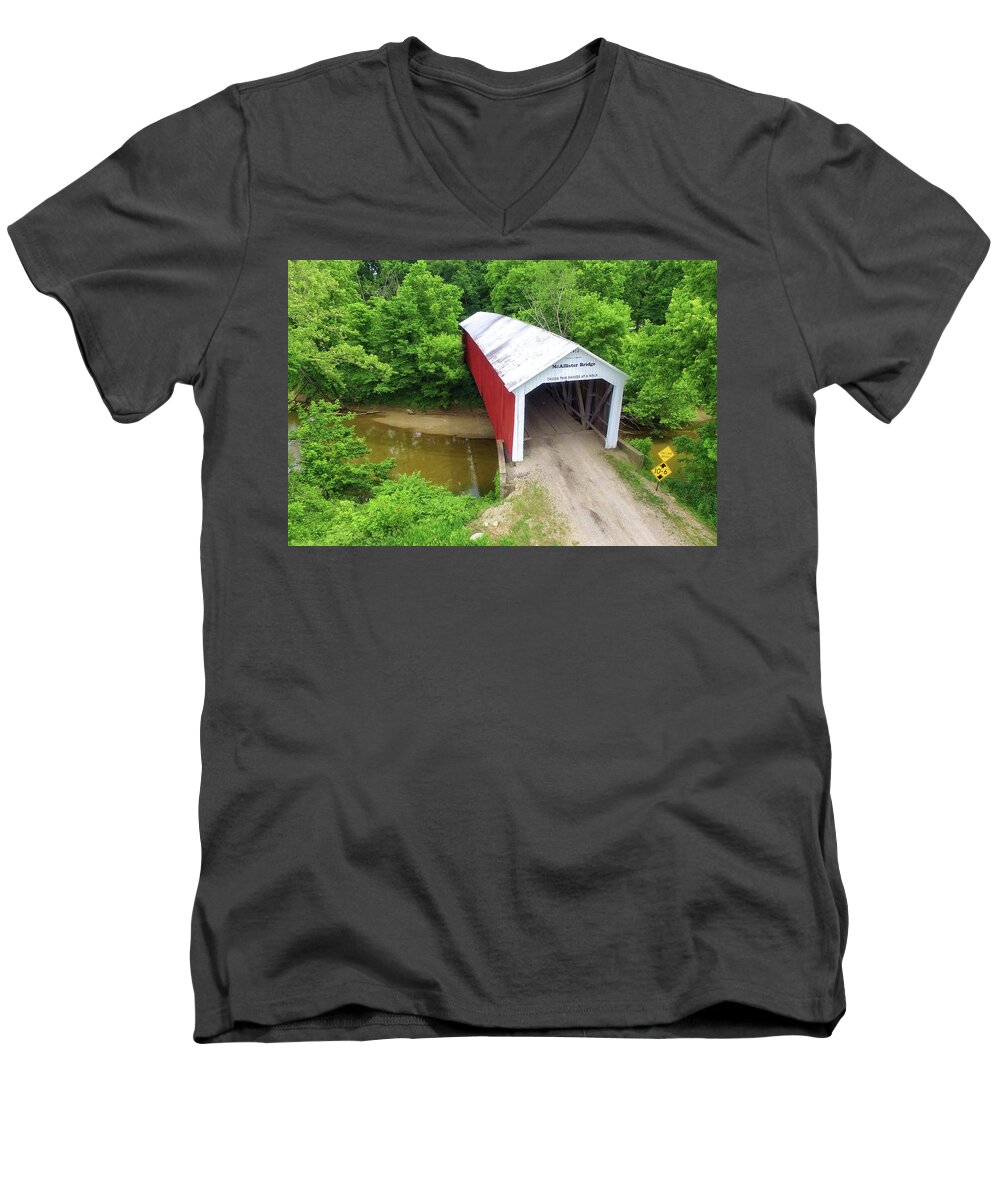 Covered Bridge Men's V-Neck T-Shirt featuring the photograph The McAllister Covered Bridge - Ariel View by Harold Rau