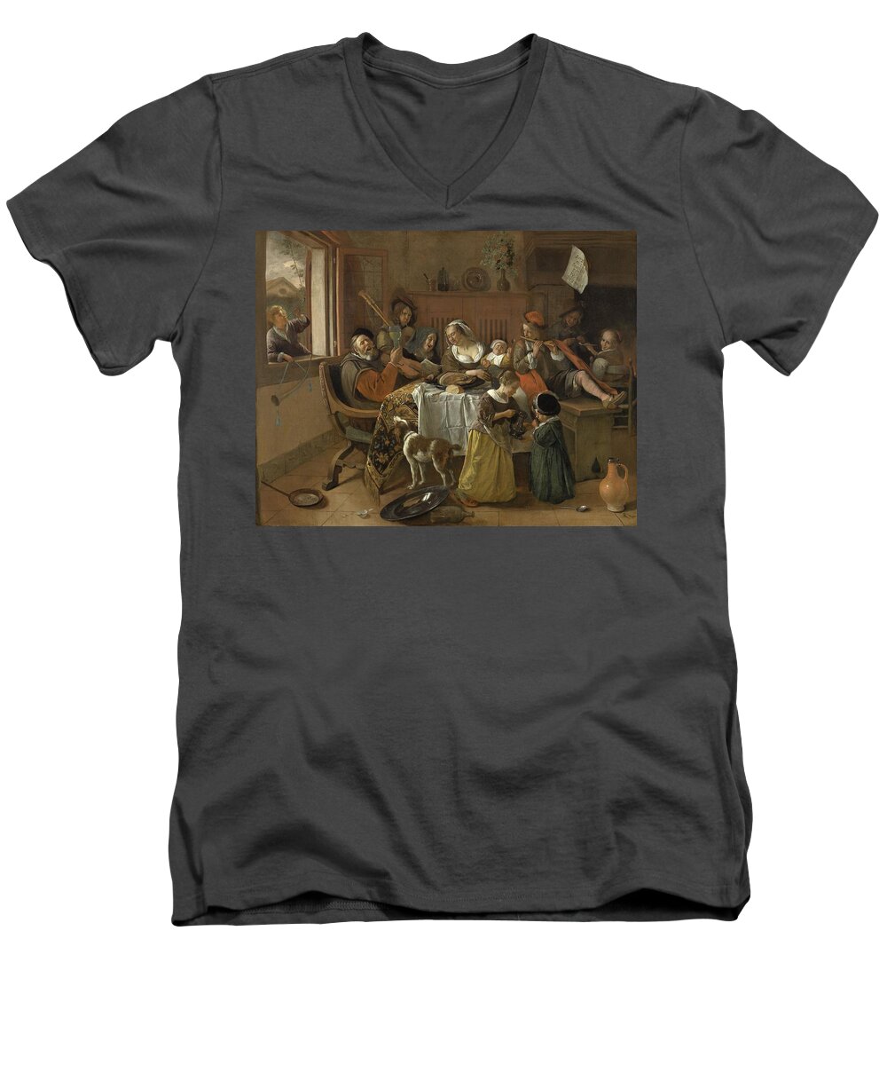 Havicksz Men's V-Neck T-Shirt featuring the painting The Merry Family,1668 by Vincent Monozlay