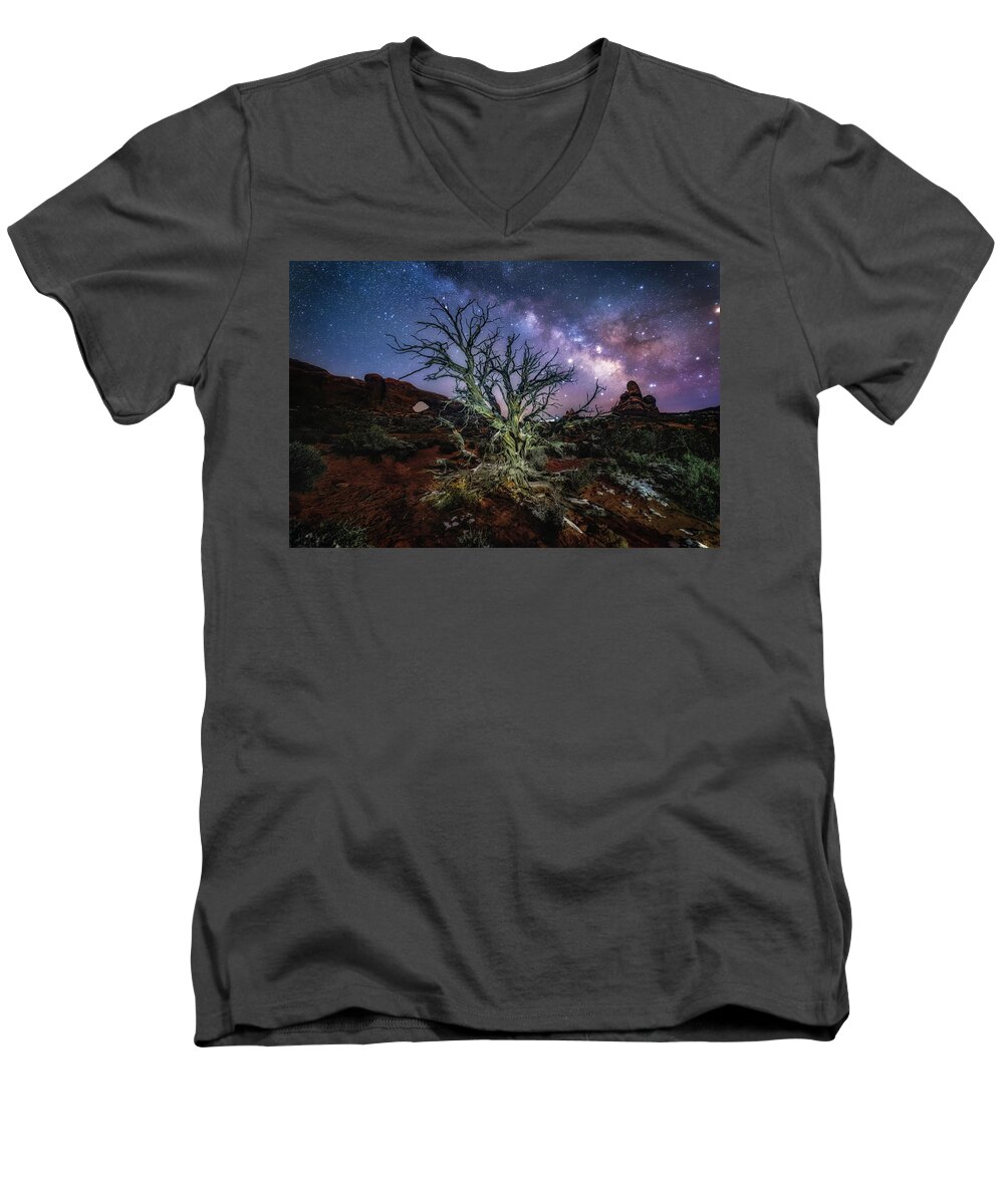 Arches Men's V-Neck T-Shirt featuring the photograph The Milky Way Tree by Michael Ash
