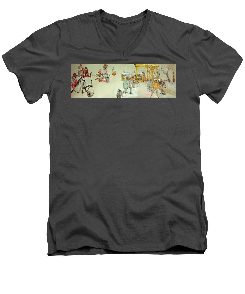 The Netherlands. Landscape. Cityscape Men's V-Neck T-Shirt featuring the painting the Netherlands scroll by Debbi Saccomanno Chan