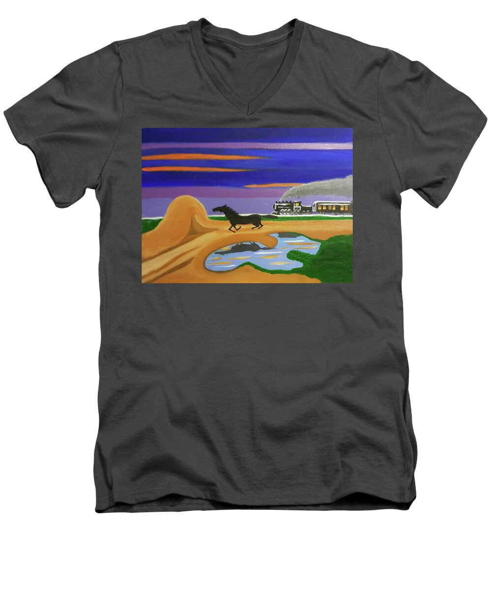 Horse Men's V-Neck T-Shirt featuring the painting The Night Race by Margaret Harmon