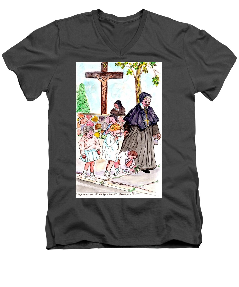 Nuns Of St Marys Men's V-Neck T-Shirt featuring the mixed media The Nuns Of St Marys by Philip And Robbie Bracco