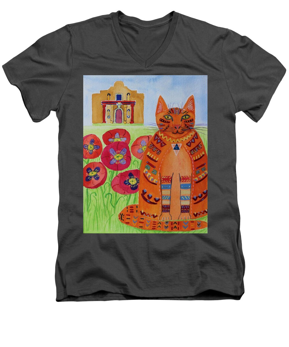 Orange Cat Men's V-Neck T-Shirt featuring the painting the Orange Alamo Cat by Vera Smith
