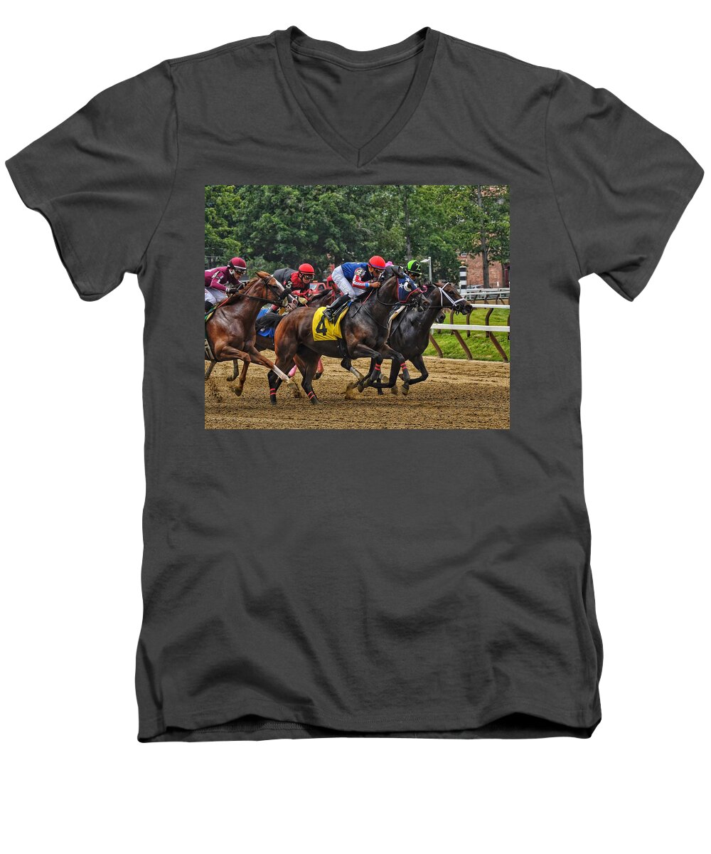 Race Horses Men's V-Neck T-Shirt featuring the photograph The Pack by Jeffrey Perkins