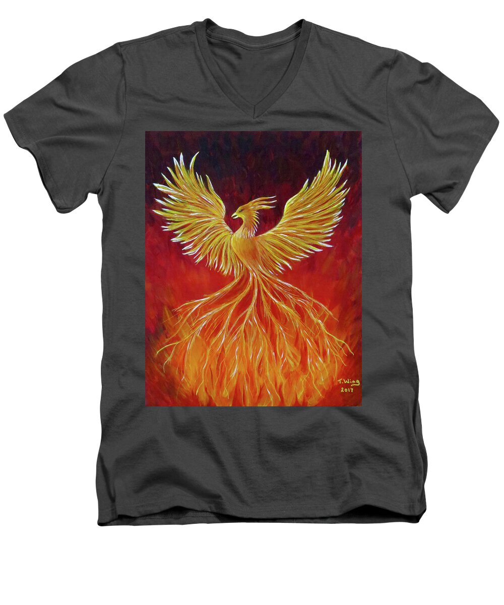 Phoenix Men's V-Neck T-Shirt featuring the painting The Phoenix by Teresa Wing