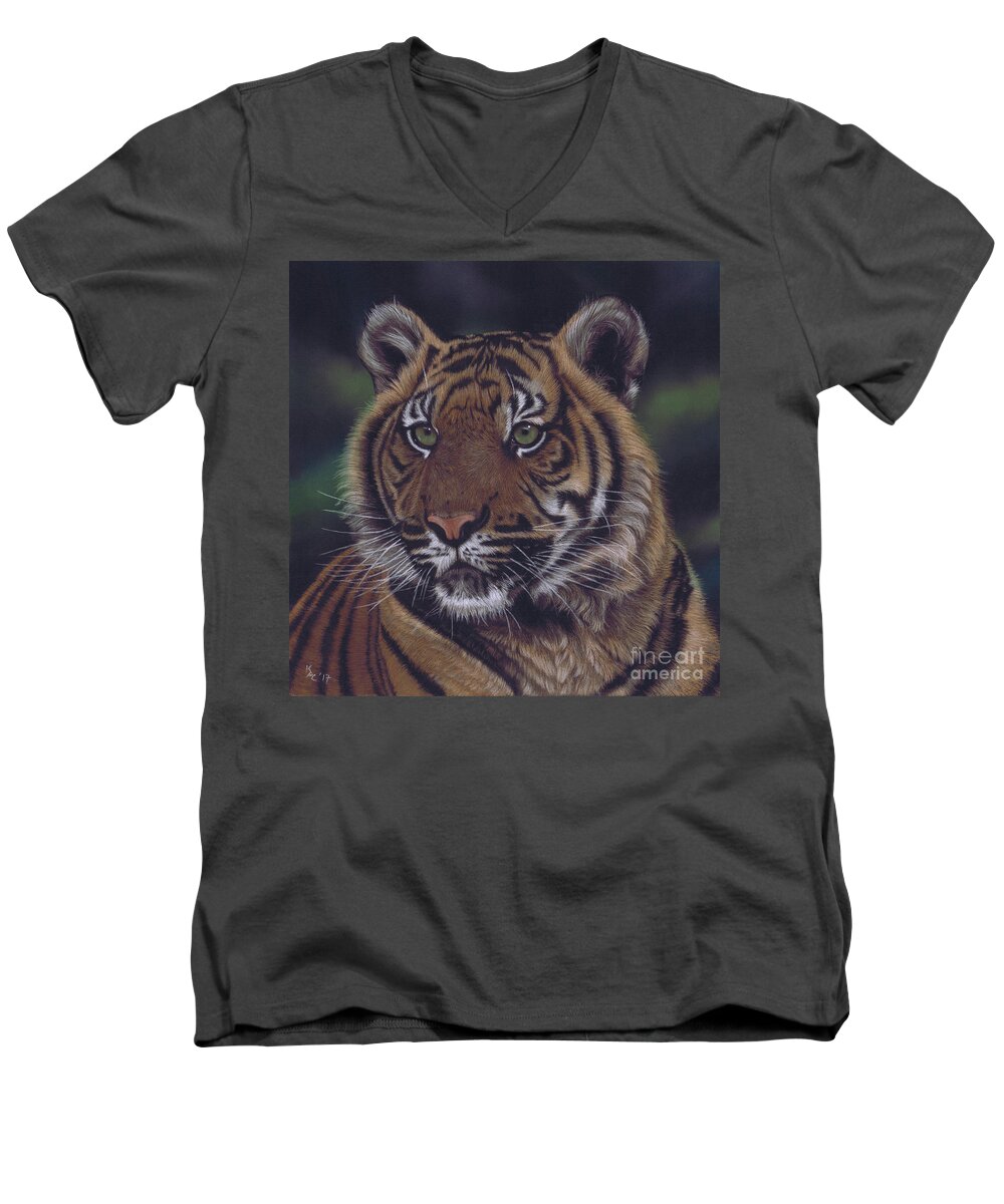 Tiger Men's V-Neck T-Shirt featuring the painting The Prince of the Jungle by Karie-ann Cooper