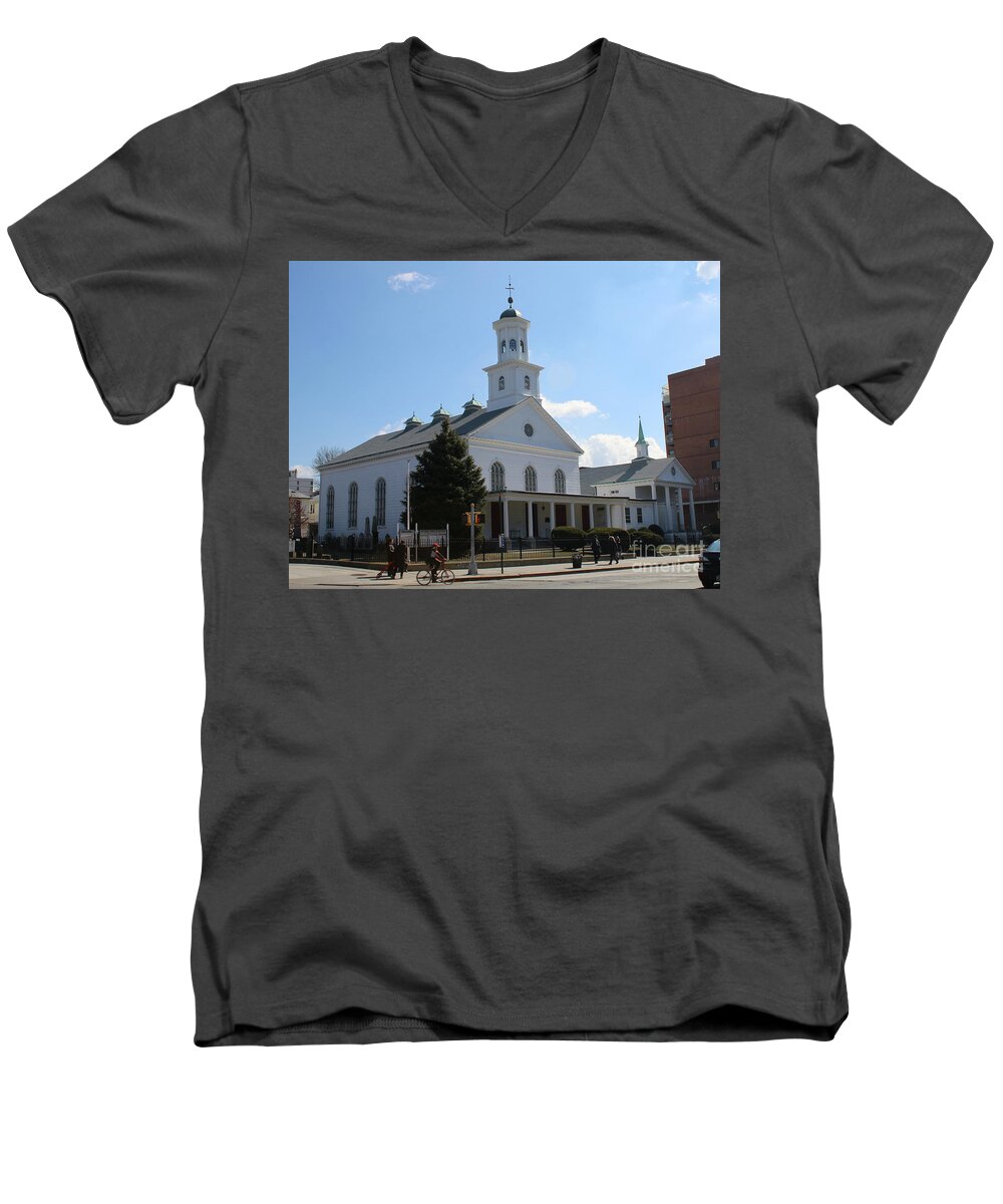  Reformed Men's V-Neck T-Shirt featuring the photograph The Reformed Church of Newtown- by Steven Spak