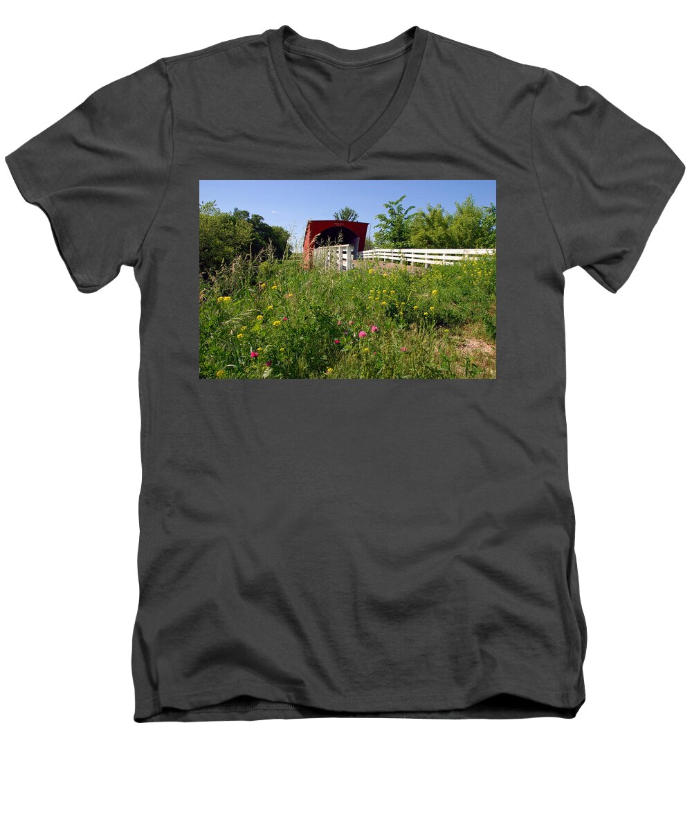 Photography Men's V-Neck T-Shirt featuring the photograph The Roseman Bridge in Madison County Iowa by Susanne Van Hulst