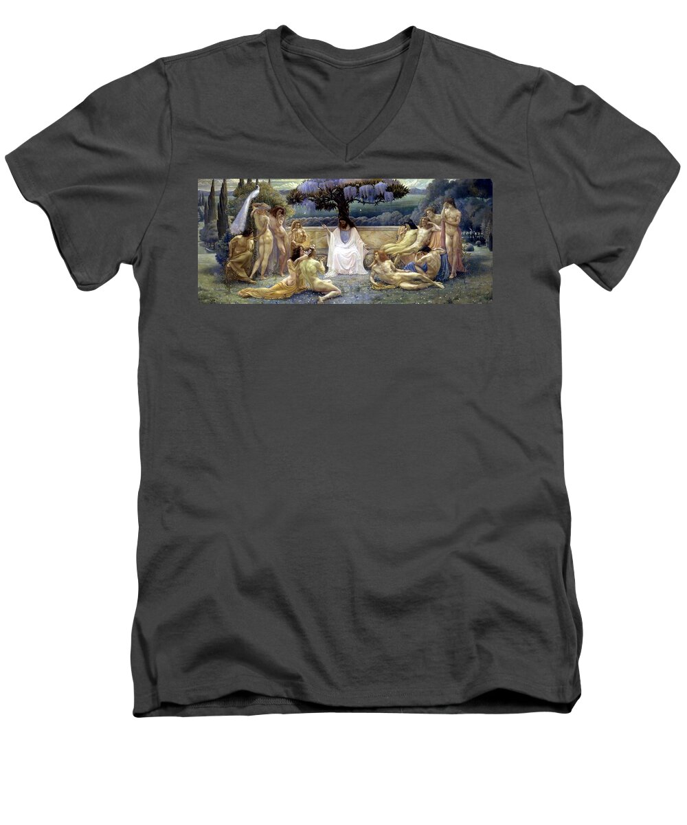 School Plato Men's V-Neck T-Shirt featuring the painting The School of Plato by Jean Delville