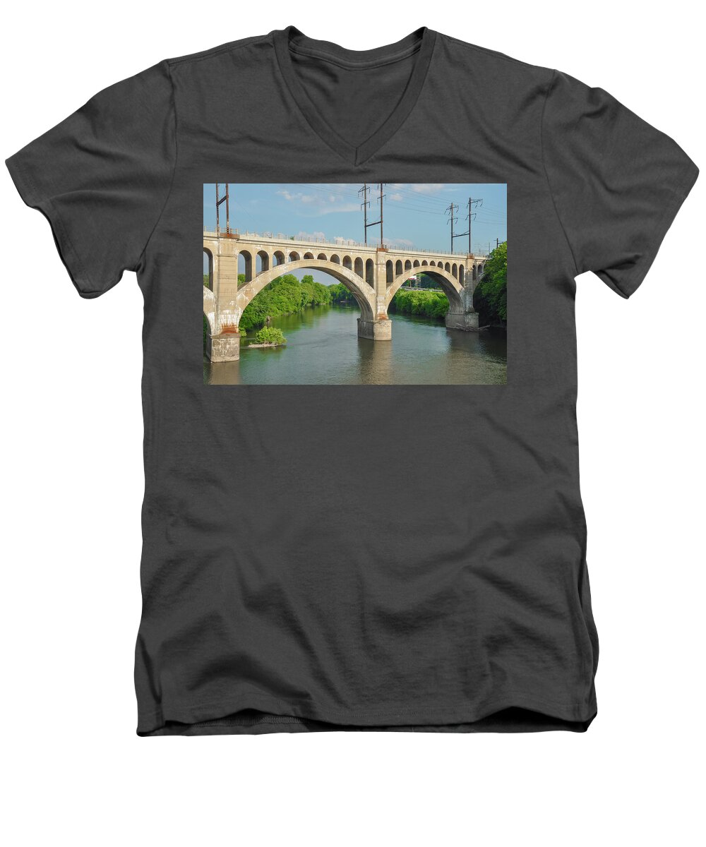 The Men's V-Neck T-Shirt featuring the photograph The Schuylkill River and the Manayunk Bridge - Philadelphia by Bill Cannon