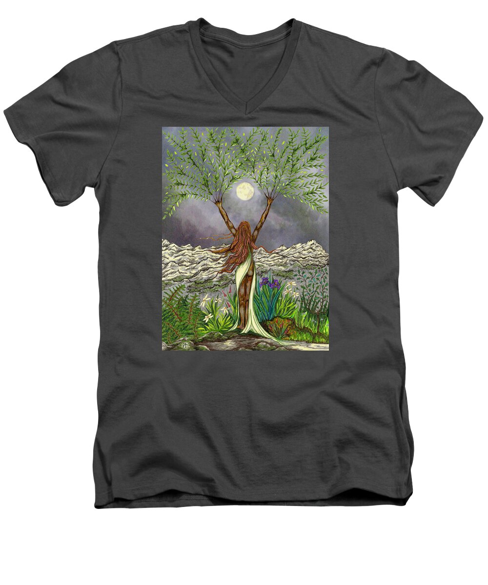 Creation Men's V-Neck T-Shirt featuring the drawing The Singing Girl by FT McKinstry