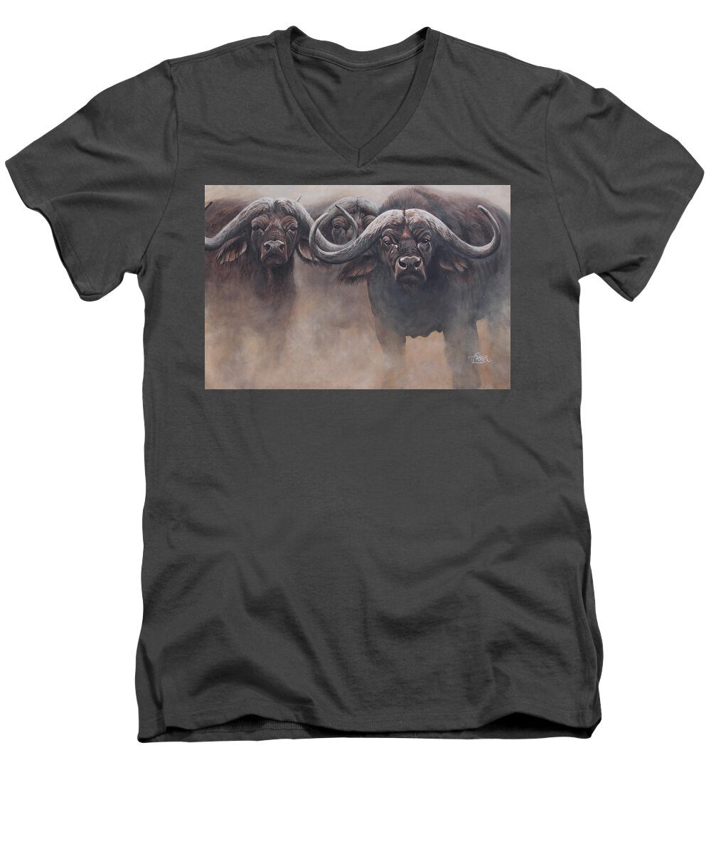 African Buffalo Men's V-Neck T-Shirt featuring the painting The Stand by Tammy Taylor