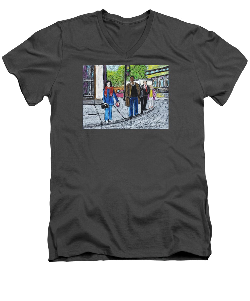 Montreal Men's V-Neck T-Shirt featuring the painting The Tourist by Reb Frost