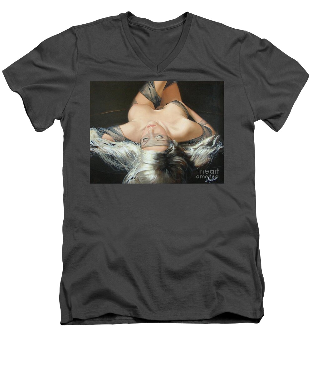 Art Men's V-Neck T-Shirt featuring the painting The widow by Sergey Ignatenko