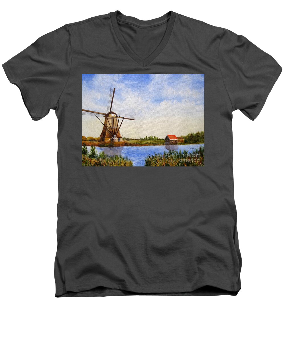 Windmill Men's V-Neck T-Shirt featuring the painting The Windmill by Shirley Braithwaite Hunt