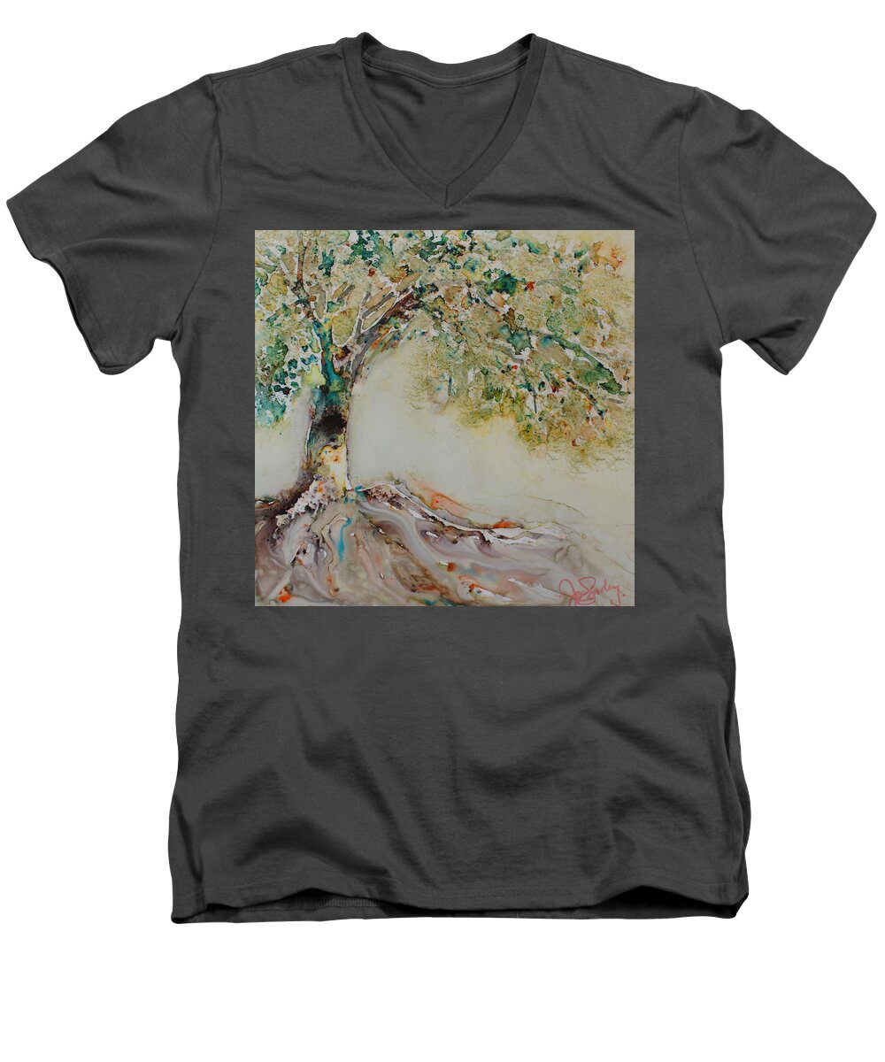 Landscape Men's V-Neck T-Shirt featuring the painting The Wisdom Tree by Jo Smoley
