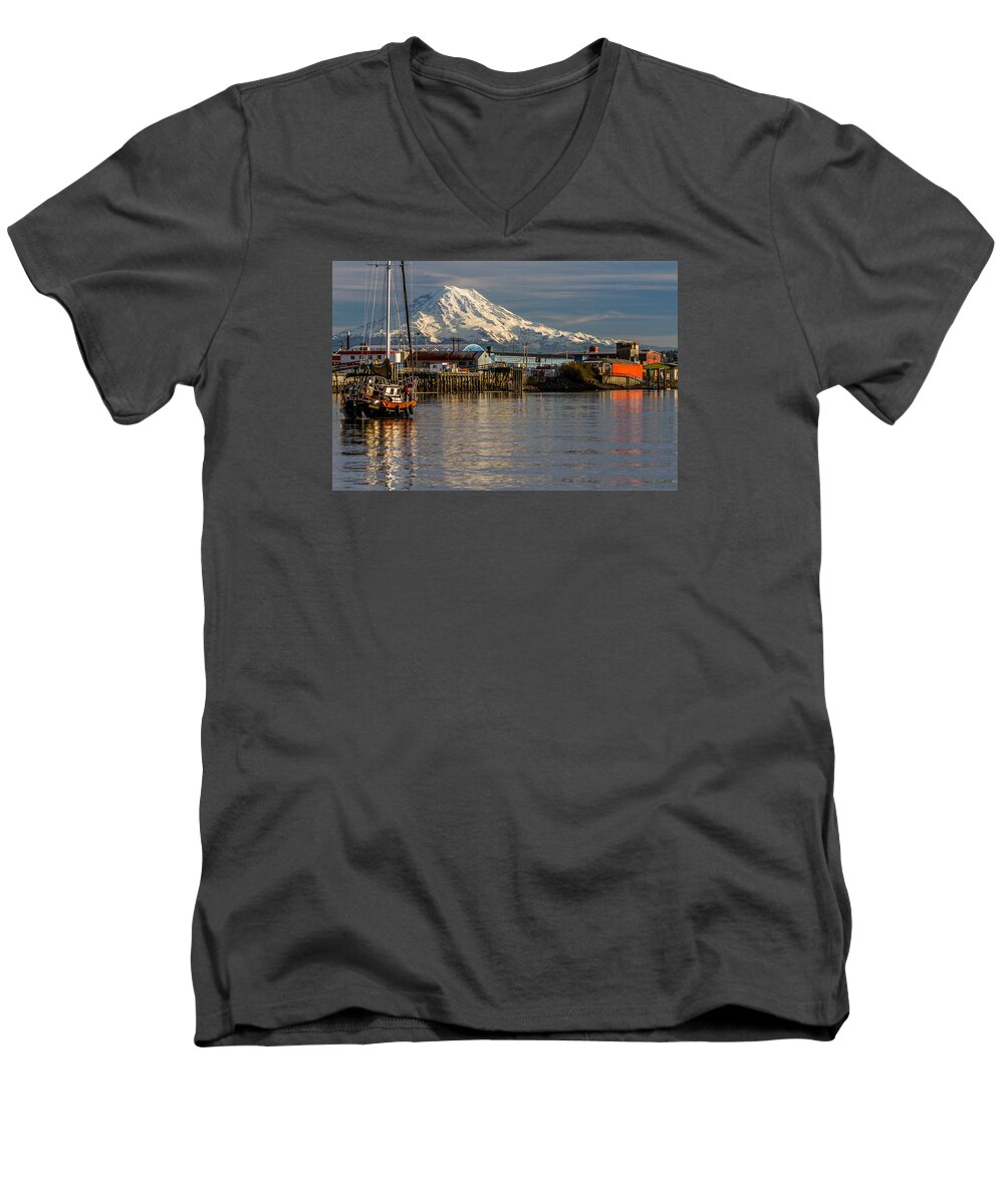 Rob Green Men's V-Neck T-Shirt featuring the photograph Thea Foss Waterway and Rainier 1 by Rob Green