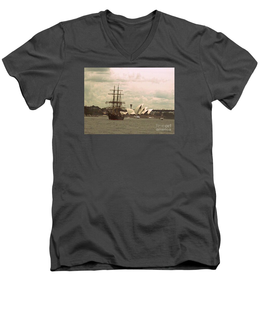 Tall Ship Men's V-Neck T-Shirt featuring the mixed media Now And Then by Leanne Seymour