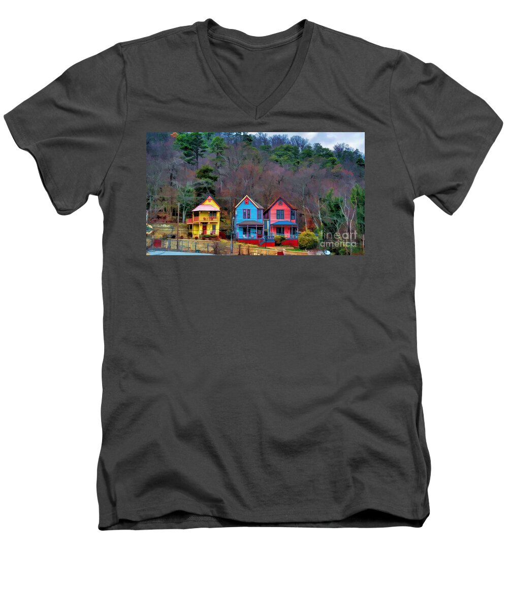 Landscape Men's V-Neck T-Shirt featuring the photograph Three Houses Hot Springs AR by Diana Mary Sharpton