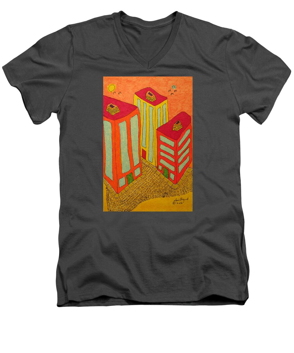 Hagood Men's V-Neck T-Shirt featuring the painting Three Office Towers by Lew Hagood