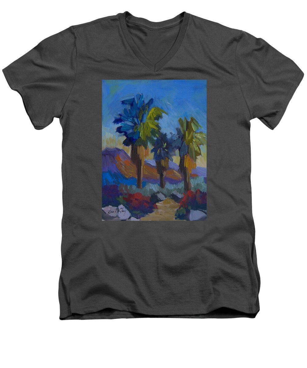 Palm Springs Men's V-Neck T-Shirt featuring the painting Three Palms at Palm Desert by Diane McClary