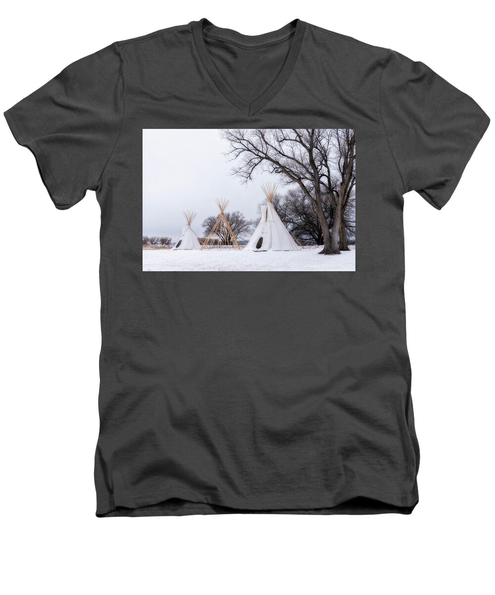 Tipi Men's V-Neck T-Shirt featuring the photograph Three Tipis by Angela Moyer