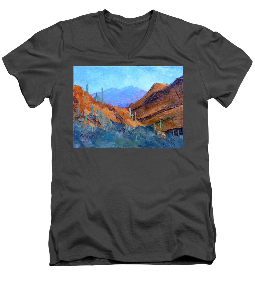 Landscape Men's V-Neck T-Shirt featuring the painting Through Gates Pass by Susan Woodward