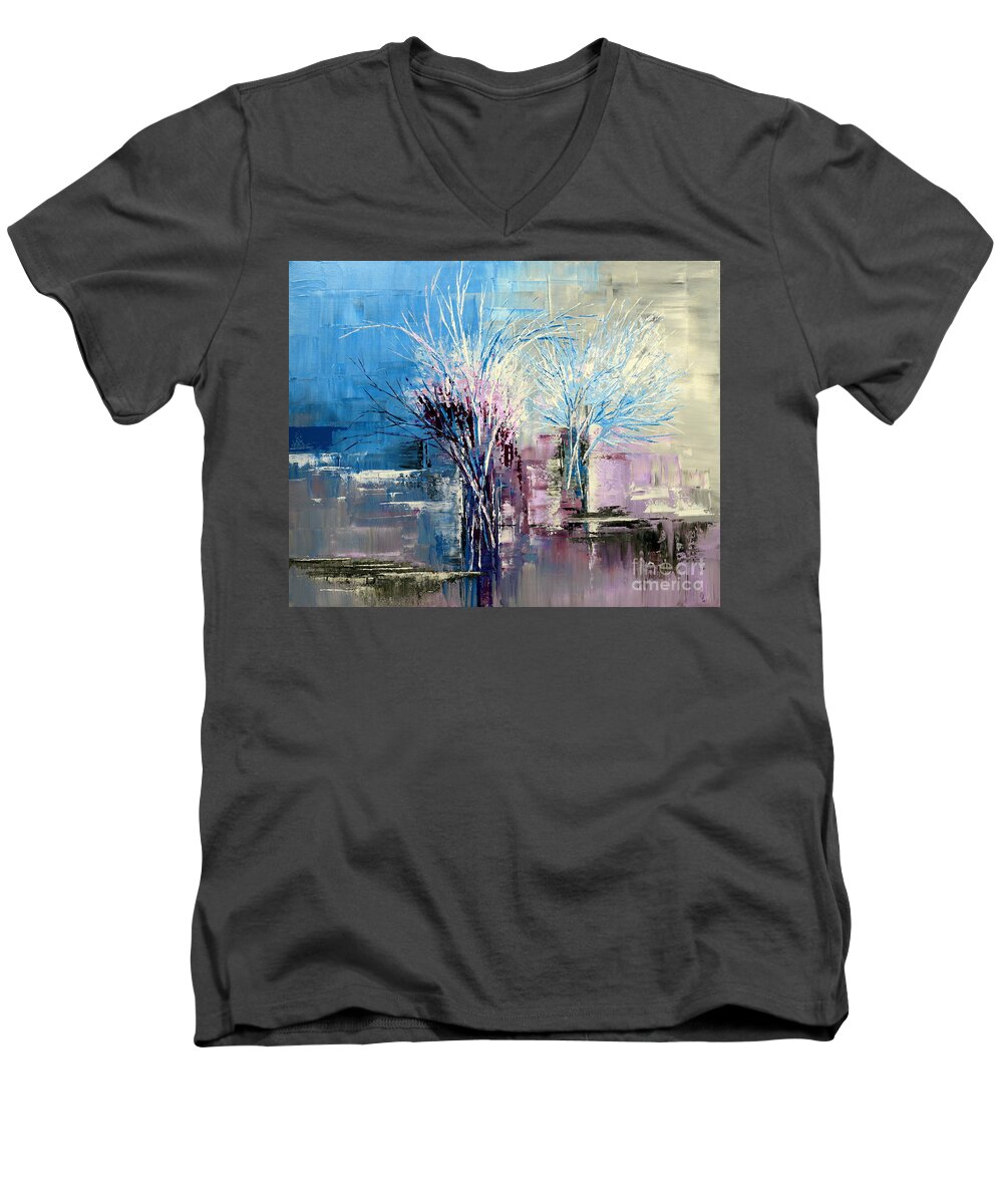 Floral Men's V-Neck T-Shirt featuring the painting Through Morning's Light by Tatiana Iliina