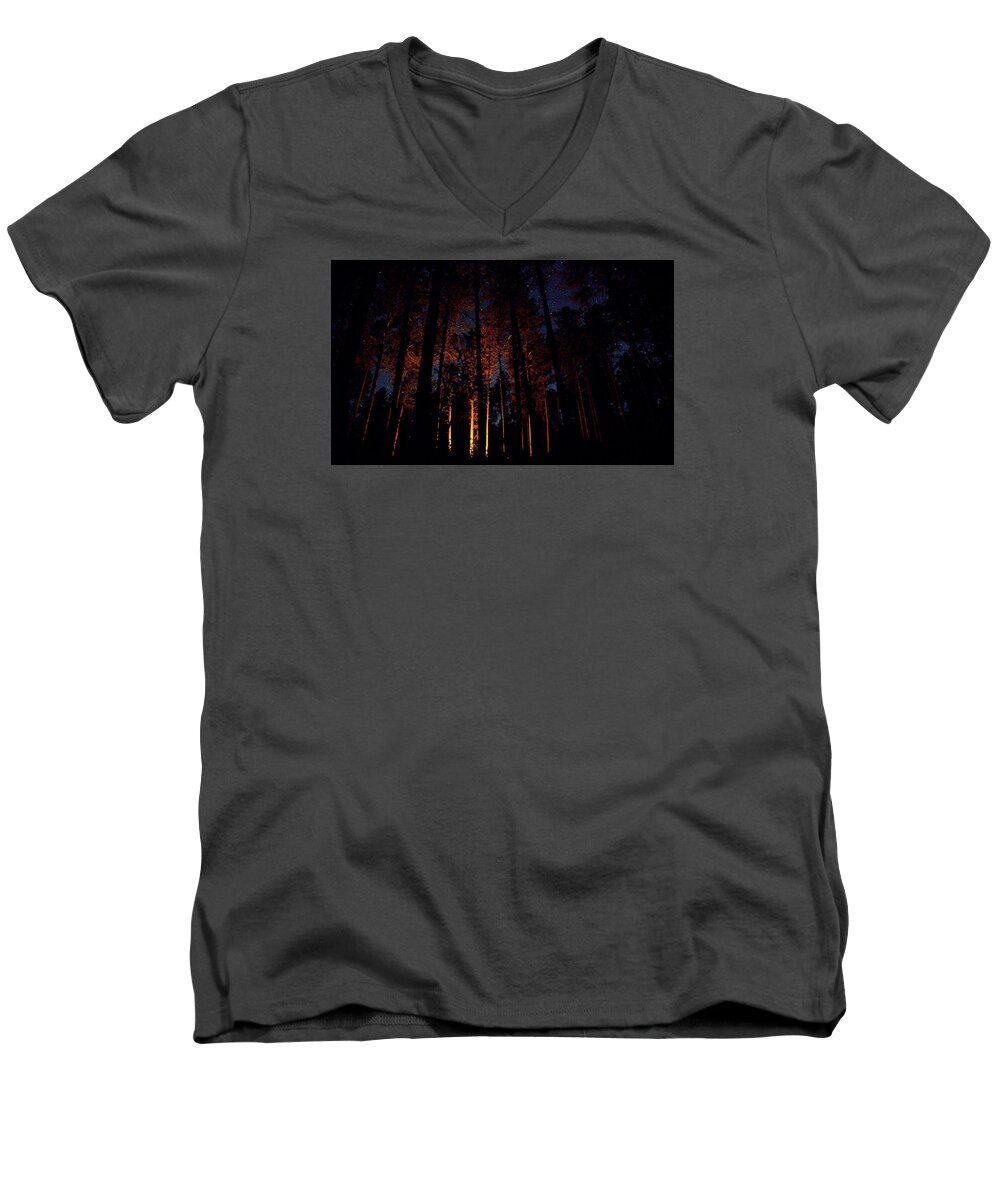 Camp Men's V-Neck T-Shirt featuring the photograph Thru the Dark by Donald J Gray