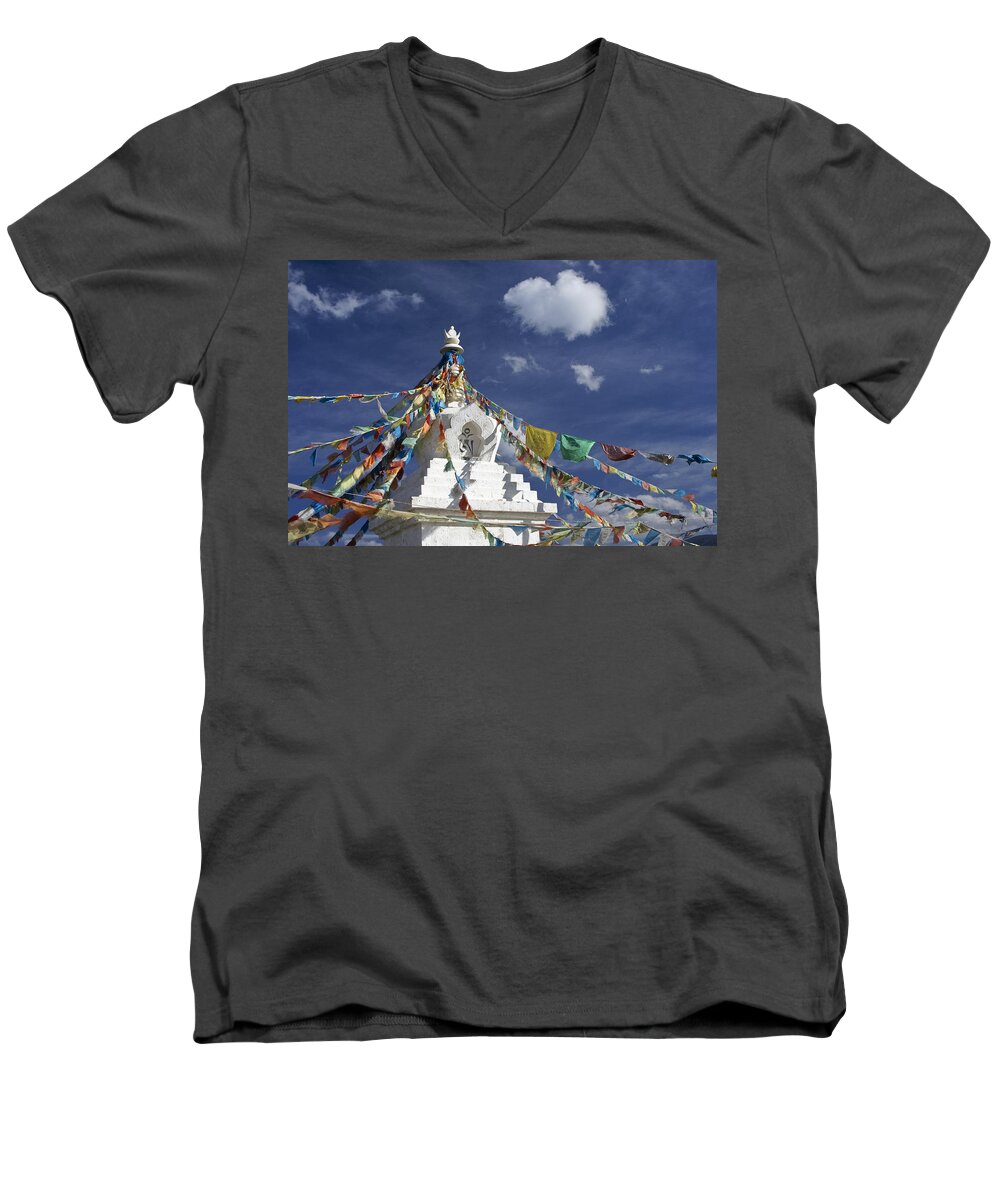 Asia Men's V-Neck T-Shirt featuring the photograph Tibetan Stupa with Prayer Flags by Michele Burgess