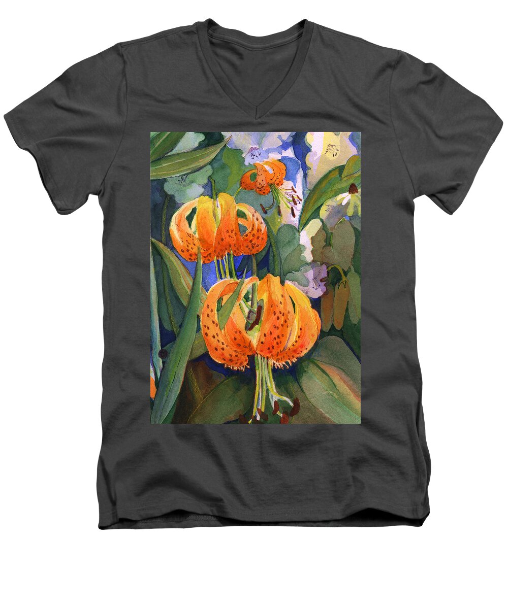 Flower Men's V-Neck T-Shirt featuring the painting Tiger lily parachutes by Nancy Watson