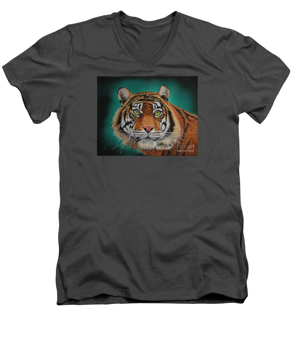 Tiger Men's V-Neck T-Shirt featuring the painting Tiger Portrait......Amur Tiger by Bob Williams