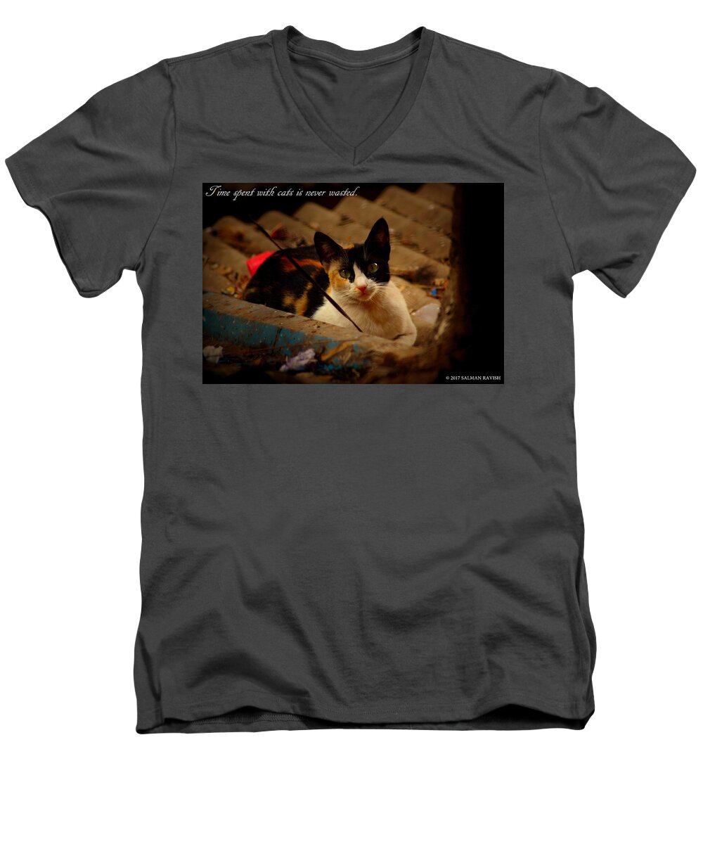 Cat Men's V-Neck T-Shirt featuring the photograph Time spent with cats. by Salman Ravish