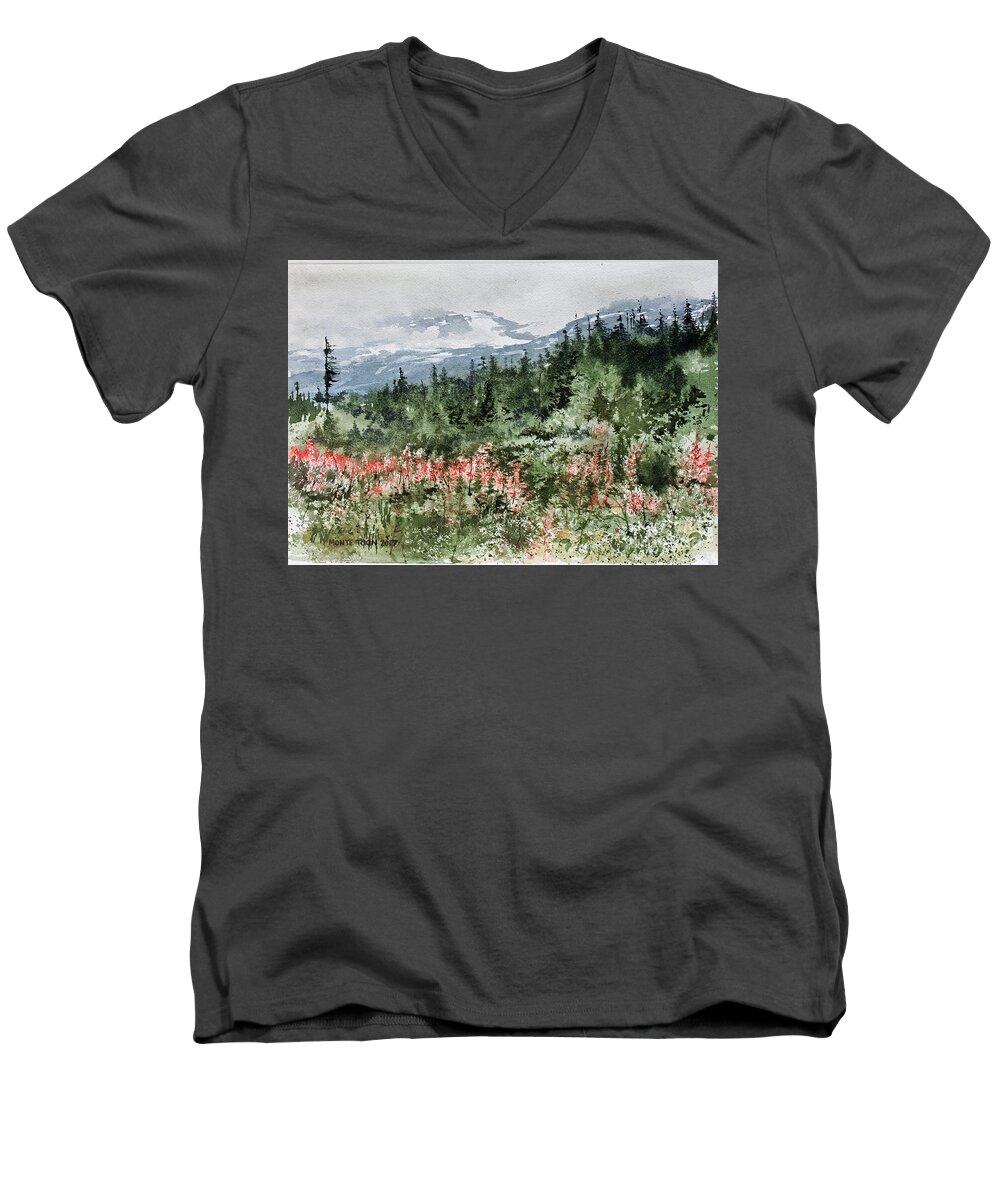Alaska Landscape With Fireweed Men's V-Neck T-Shirt featuring the painting Time To Go Home by Monte Toon