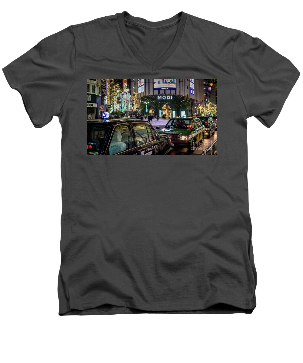 People Men's V-Neck T-Shirt featuring the photograph Tokyo Taxis, Japan by Perry Rodriguez
