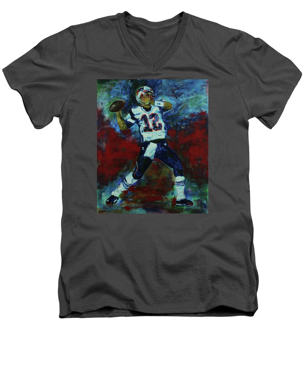 Nfl Men's V-Neck T-Shirt featuring the painting Tom Brady - Patriot Football by Walter Fahmy