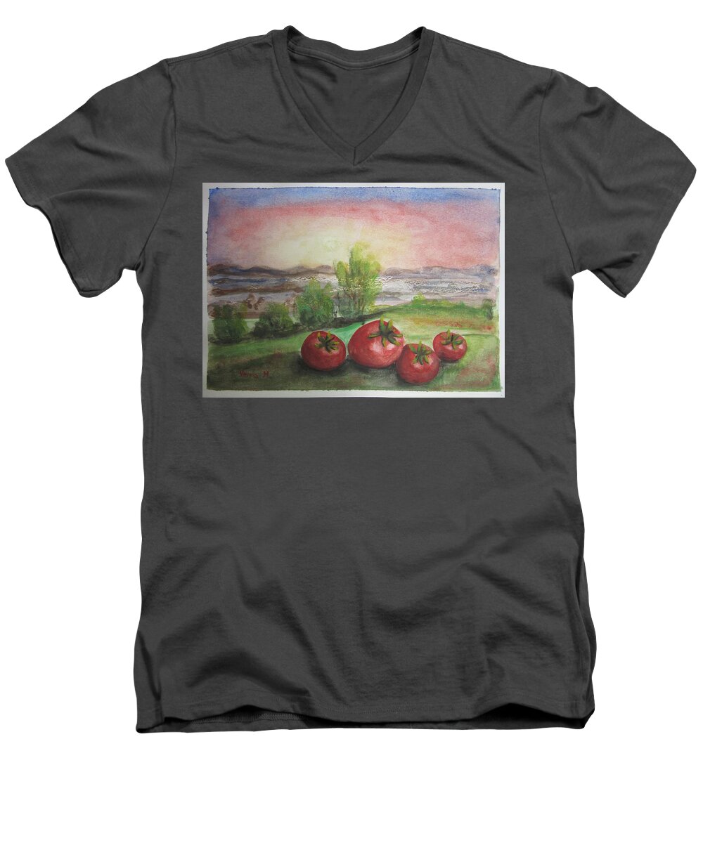 Tomatoes Men's V-Neck T-Shirt featuring the painting Tomatoes 2 by Vesna Martinjak