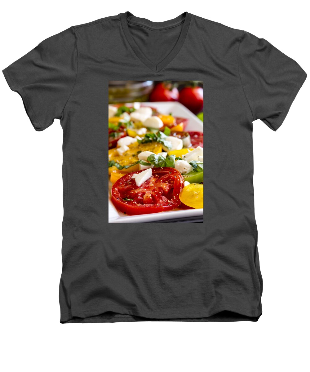 Autumn Men's V-Neck T-Shirt featuring the photograph Tomatoes, Basil and Cheese by Teri Virbickis