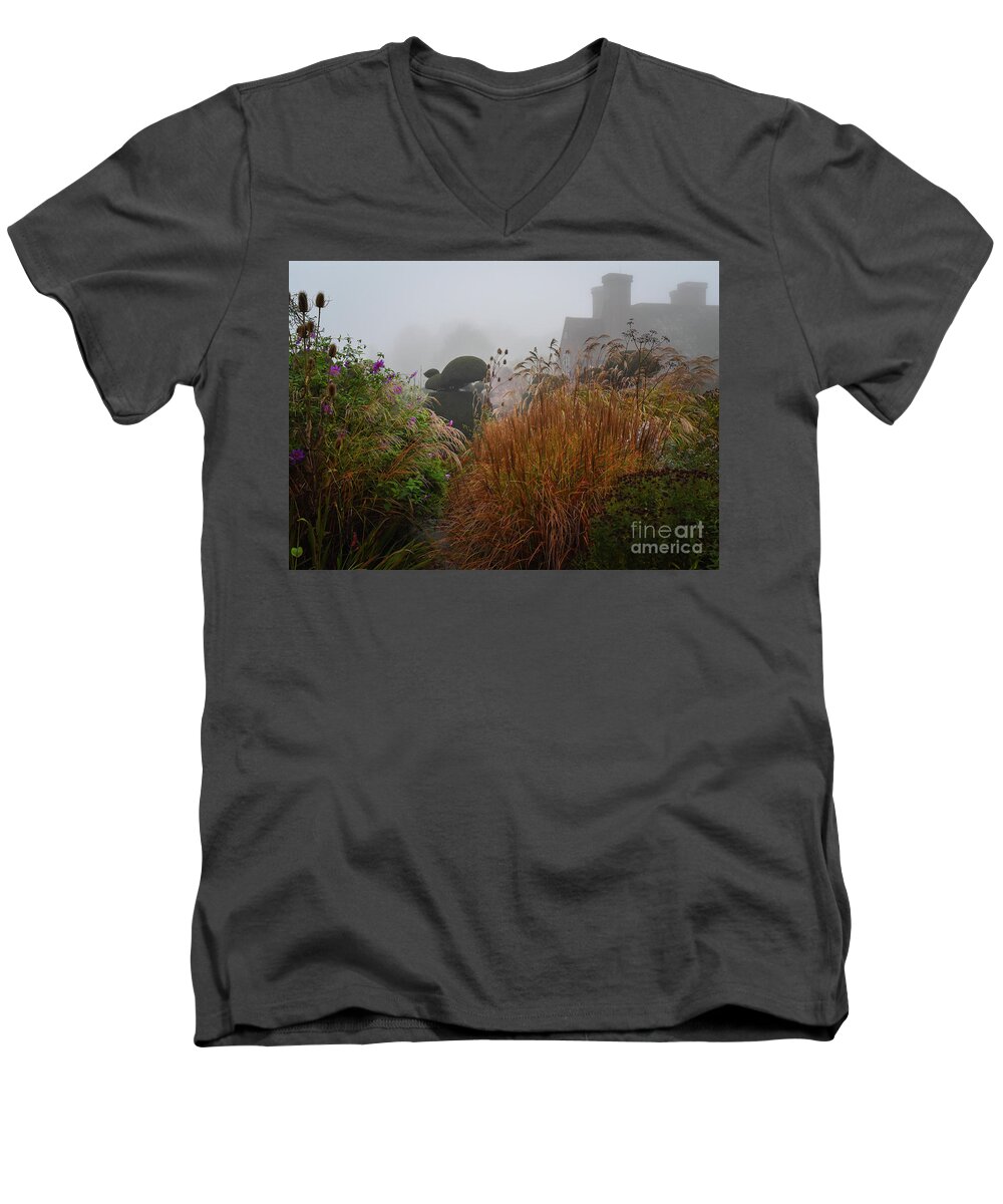Topiary Men's V-Neck T-Shirt featuring the photograph Topiary Peacocks in the Autumn Mist, Great Dixter 2 by Perry Rodriguez