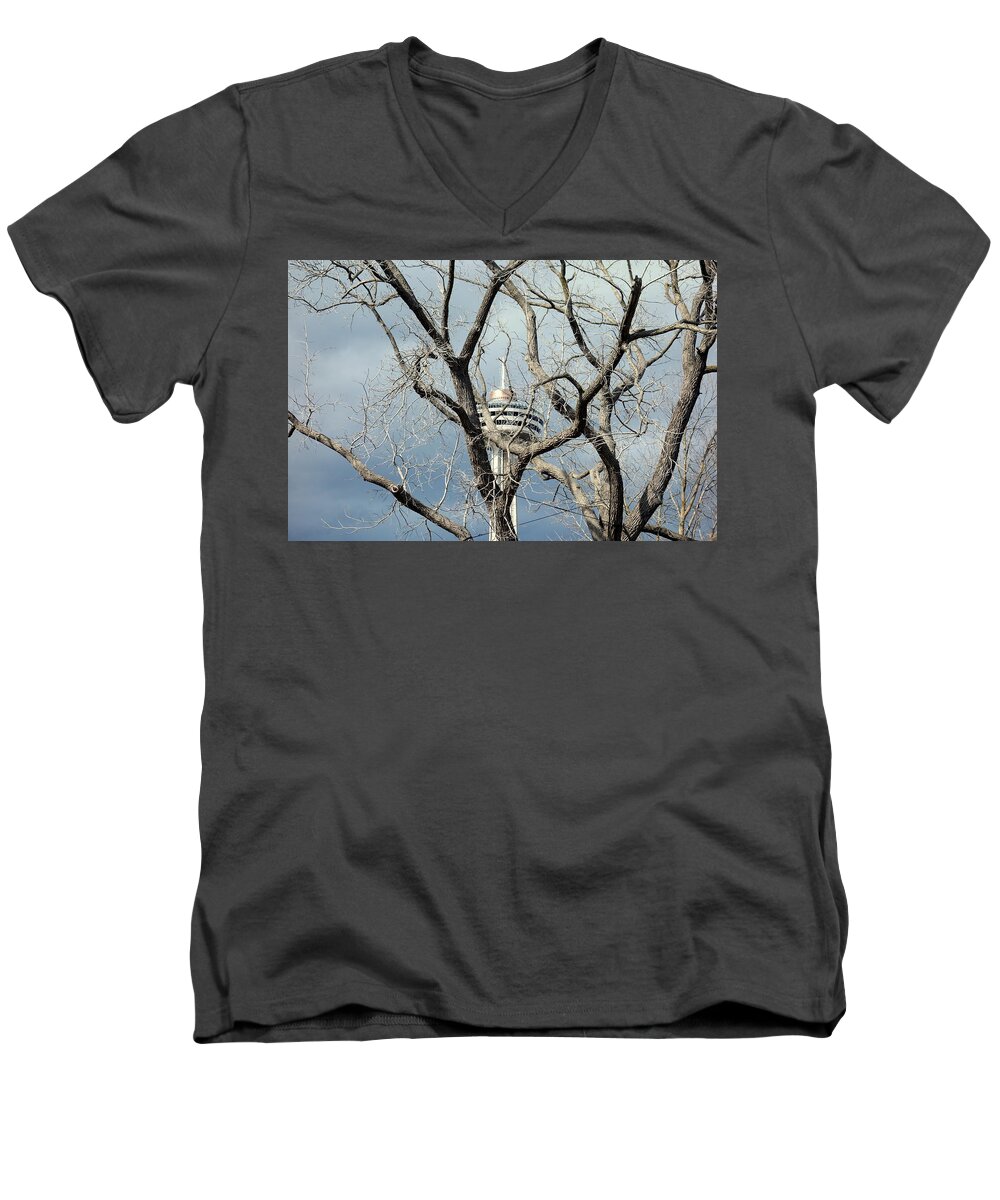 Skylon Men's V-Neck T-Shirt featuring the photograph Tower and Trees by Valentino Visentini