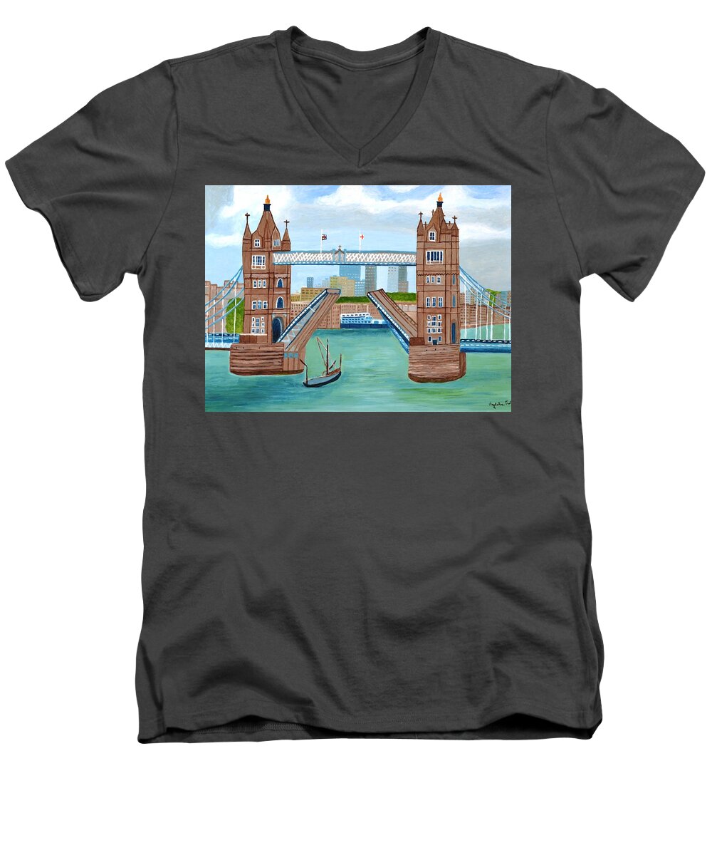 Tower Bridge London Men's V-Neck T-Shirt featuring the painting Tower Bridge London by Magdalena Frohnsdorff