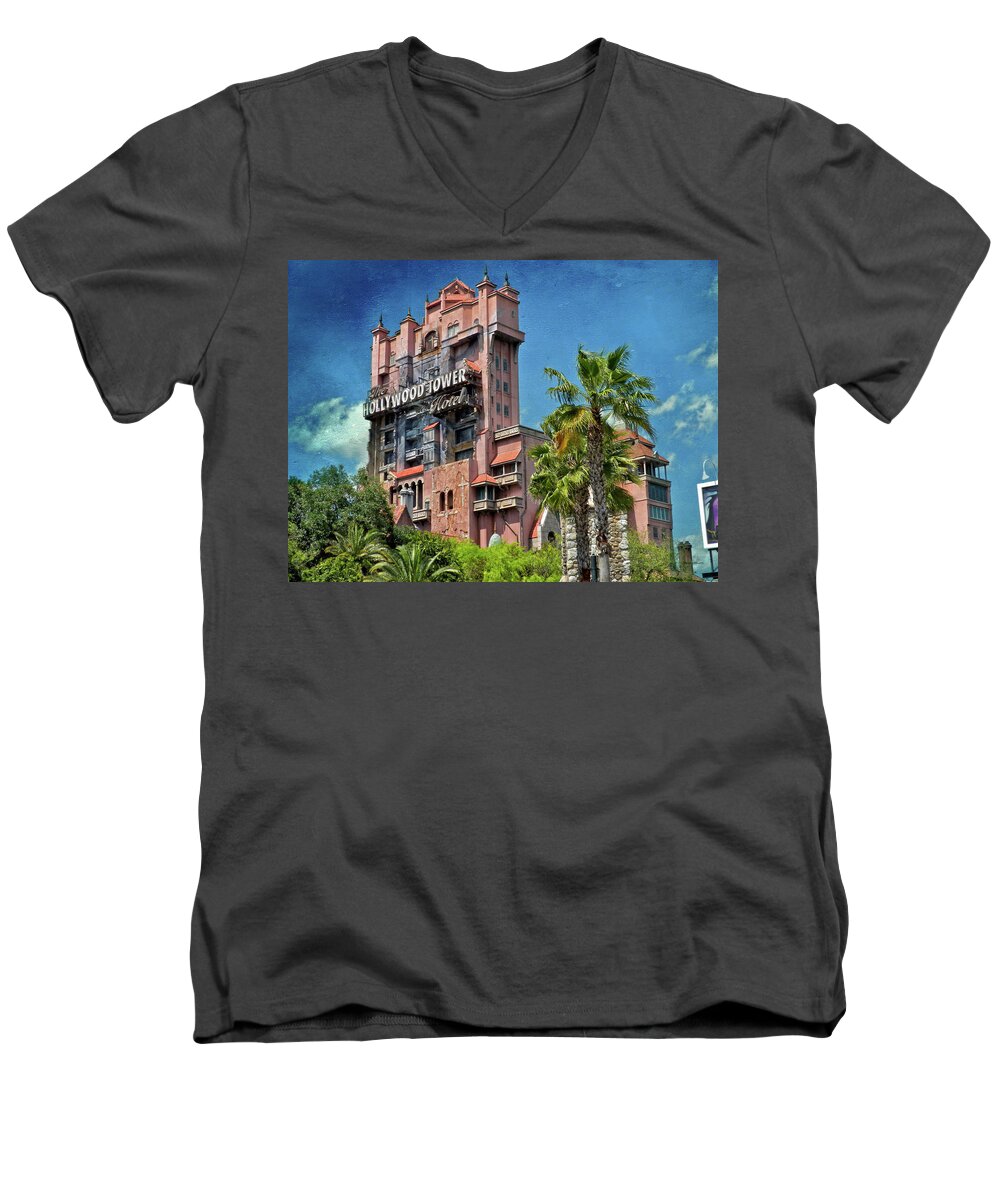Castle Men's V-Neck T-Shirt featuring the photograph Tower Of Terror Disney World Textured Sky MP by Thomas Woolworth