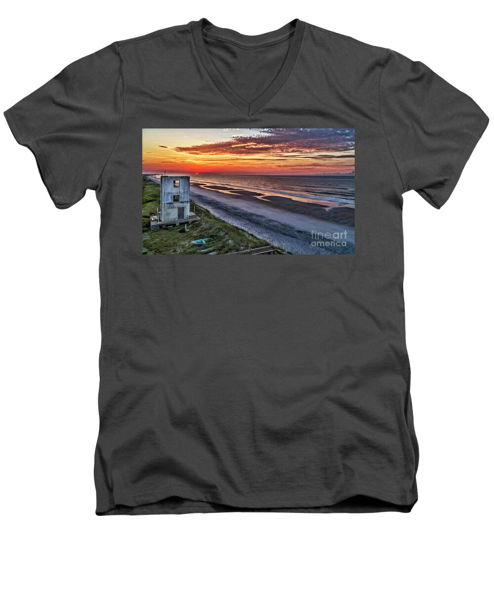 Surf City Men's V-Neck T-Shirt featuring the photograph Tower Sunrise by DJA Images